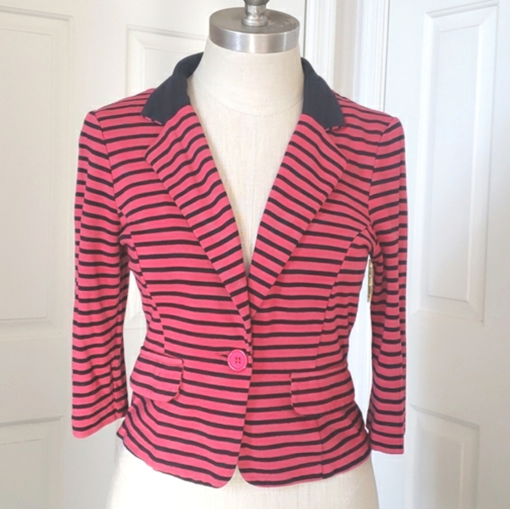 Vintage Sans Souci 90s Red Black Striped Cropped Blazer Jacket • Soft Jersey • M - Picture 3 of 9